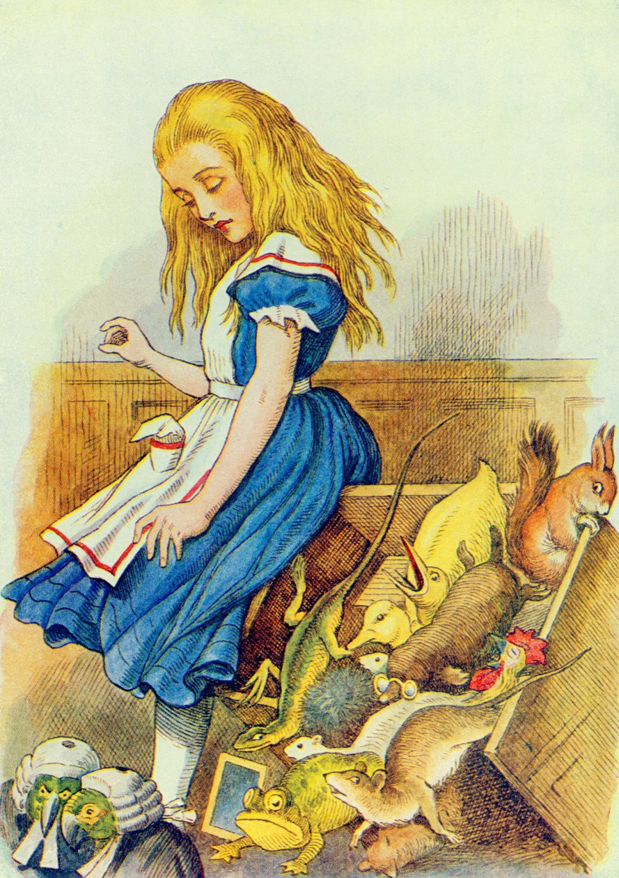 Alice upsets the Jury-Box, kuvitus Lewis Carrollin (1832-9) Liisa ihmemaassa tekijältä John Tenniel