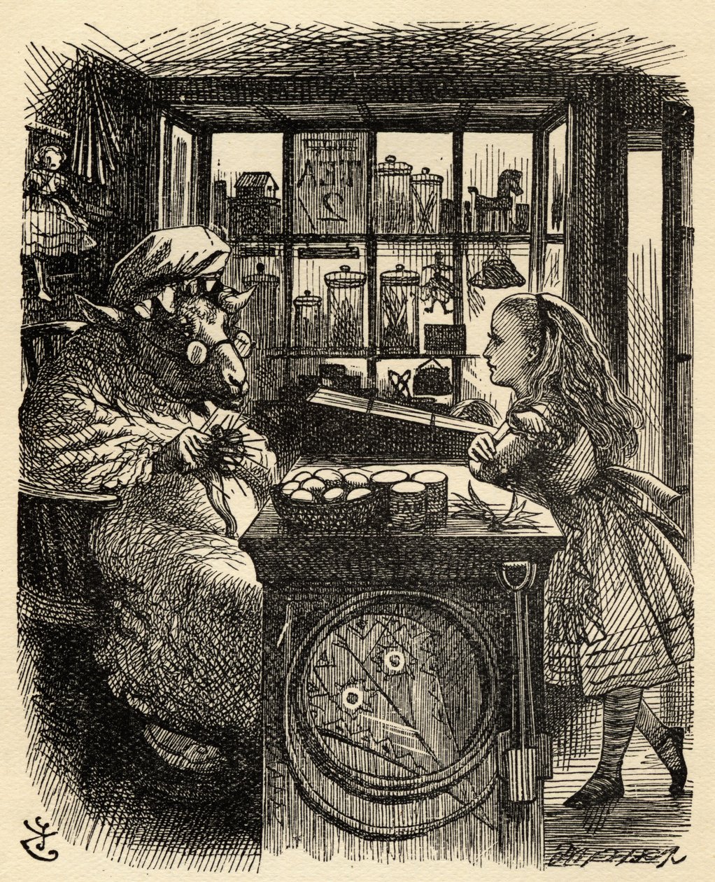 Liisa ja neulelammas, kuvitus Lewis Carrollin (1832-1898) teoksesta Through the Looking Glass, julkaistu ensimmäisen kerran 1871 tekijältä John Tenniel