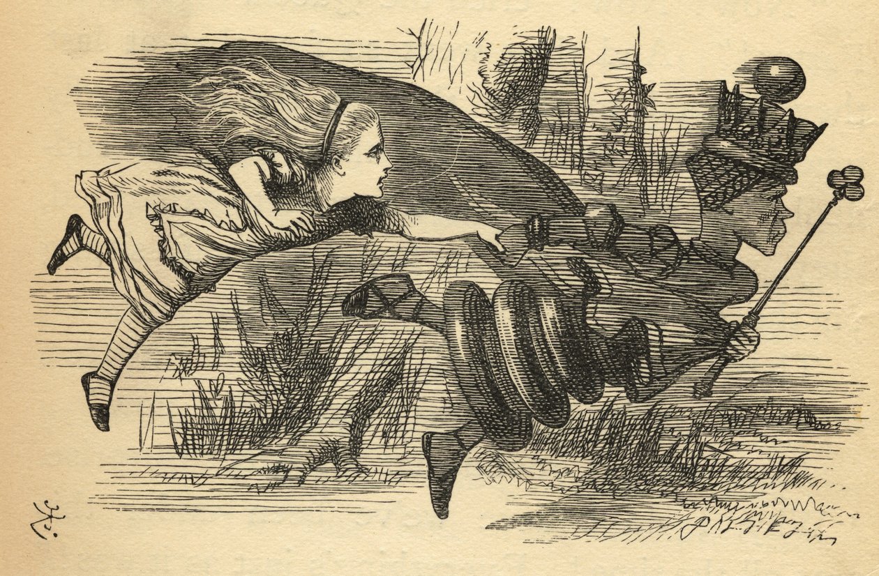 Liisa ja punainen kuningatar, kuvitus Lewis Carrollin (1832-1898) teoksesta Through the Looking Glass, julkaistu ensimmäisen kerran 1871 tekijältä John Tenniel