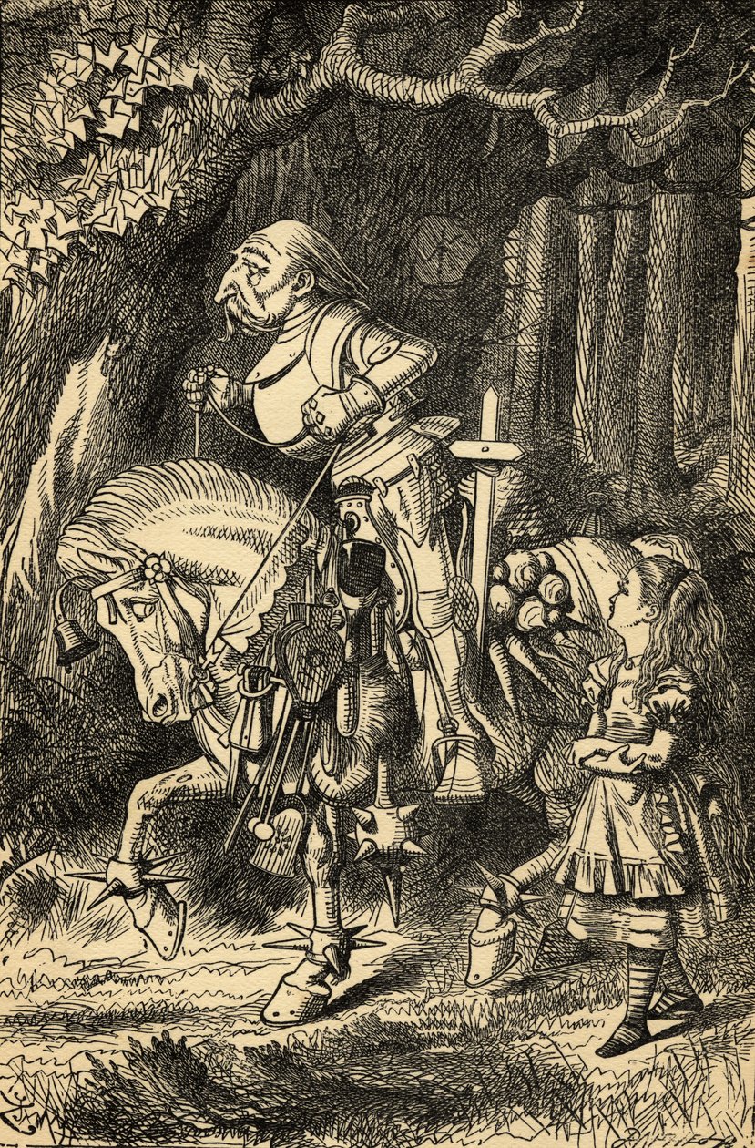 Liisa ja valkoinen ritari, kuvitus Lewis Carrollin (1832-98) teoksesta "Liisa Ihmemaassa", julkaistu ensimmäisen kerran 1865 tekijältä John Tenniel
