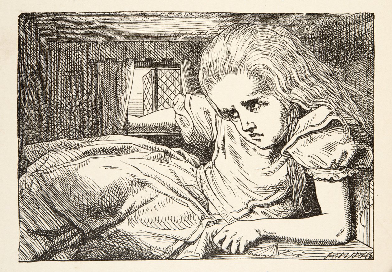Alice kasvaa liian pitkäksi huoneeseen, Lewis Carrollin (1832 - 98) pubista Alices Adventures in Wonderland. 1891 tekijältä John Tenniel