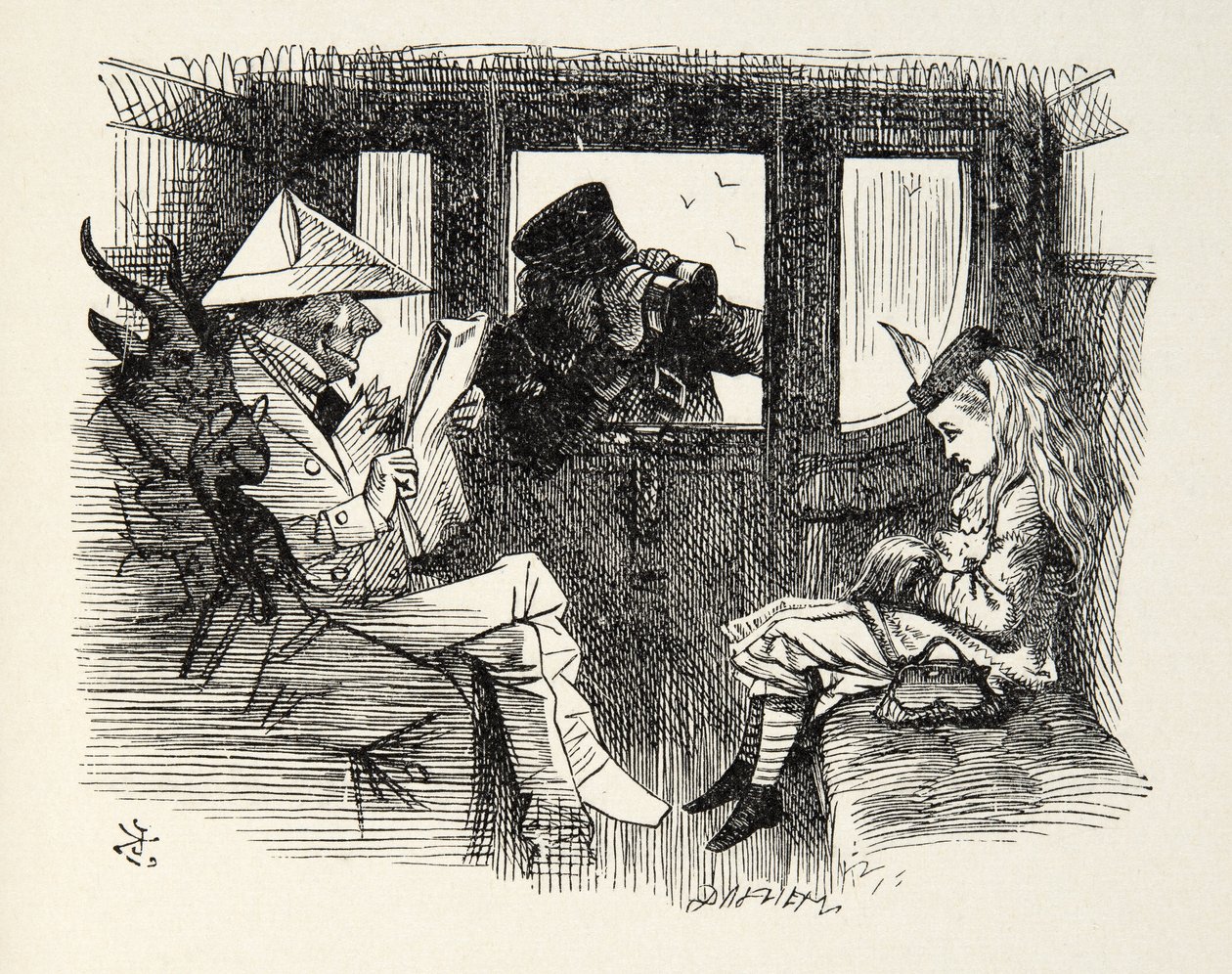 Liisa junavaunussa, kuvitus Lewis Carrollin (1832 - 98) teoksesta Through the Looking Glass, 1872 tekijältä John Tenniel