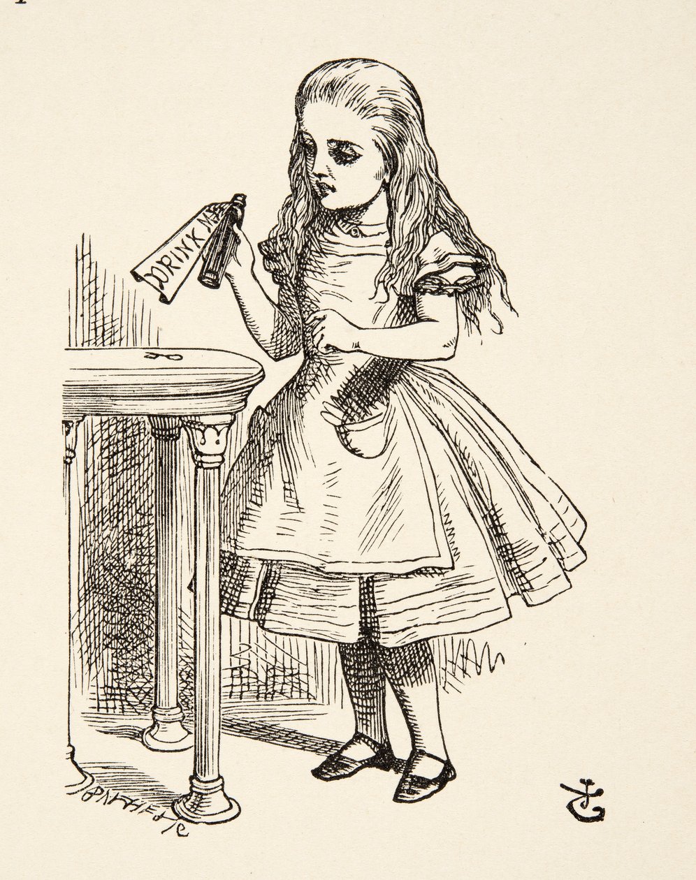 Alice katselee Drink Me -pulloa, Lewis Carrollin (1832 - 98) pubista Alices Adventures in Wonderland. 1891 tekijältä John Tenniel