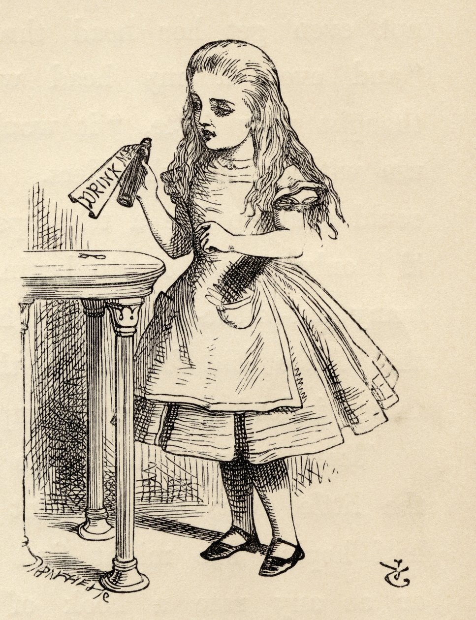 Alice katselee Drink Me -pulloa, Lewis Carrollin teoksesta "Liisan seikkailut ihmemaassa", julkaistu 1891 tekijältä John Tenniel