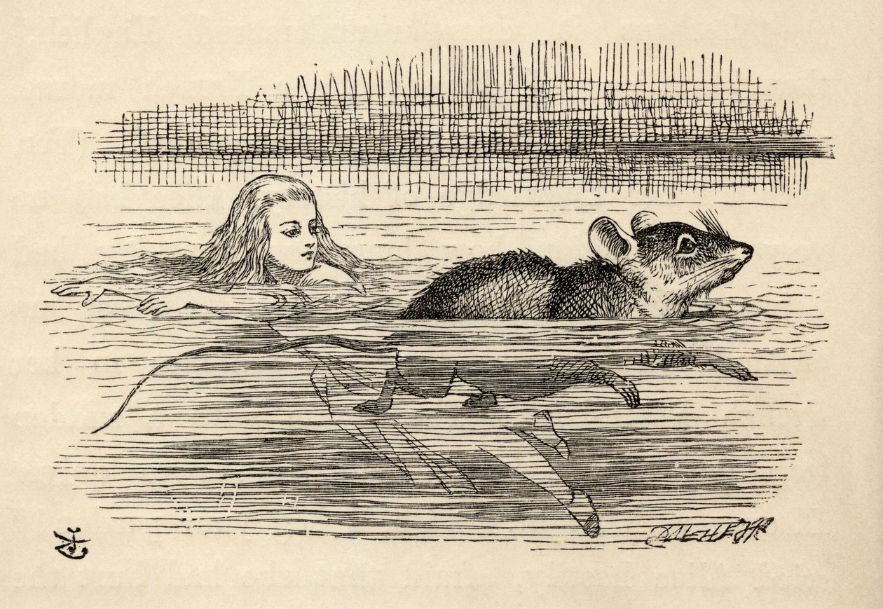 Liisa ui hiiren kanssa kyynelaltaassa, Lewis Carrollin teoksesta "Liisan seikkailut ihmemaassa", julkaistu 1891 tekijältä John Tenniel