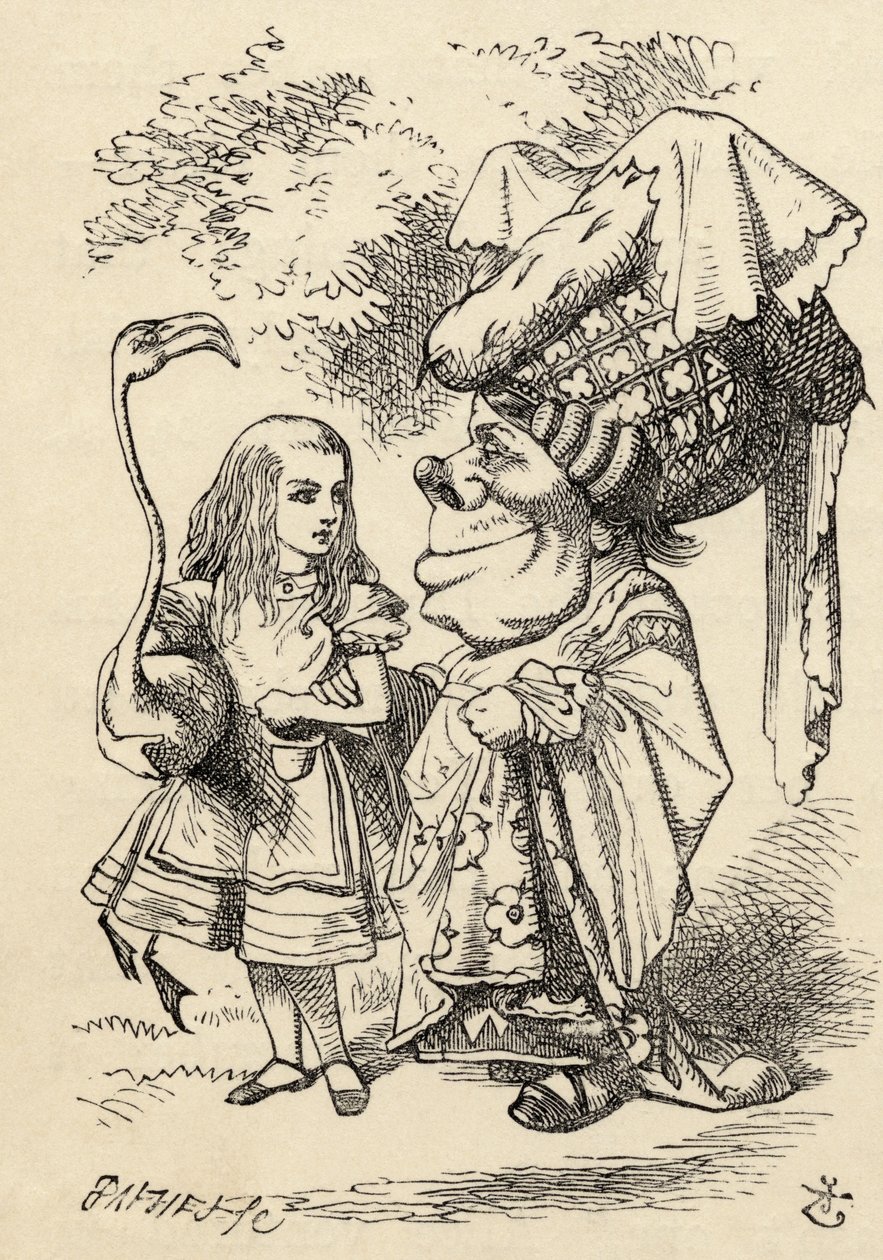 Liisa ja flamingo juttelevat herttuattaren kanssa, Lewis Carrollin "Liisan seikkailut ihmemaassa", julkaistu 1891. tekijältä John Tenniel