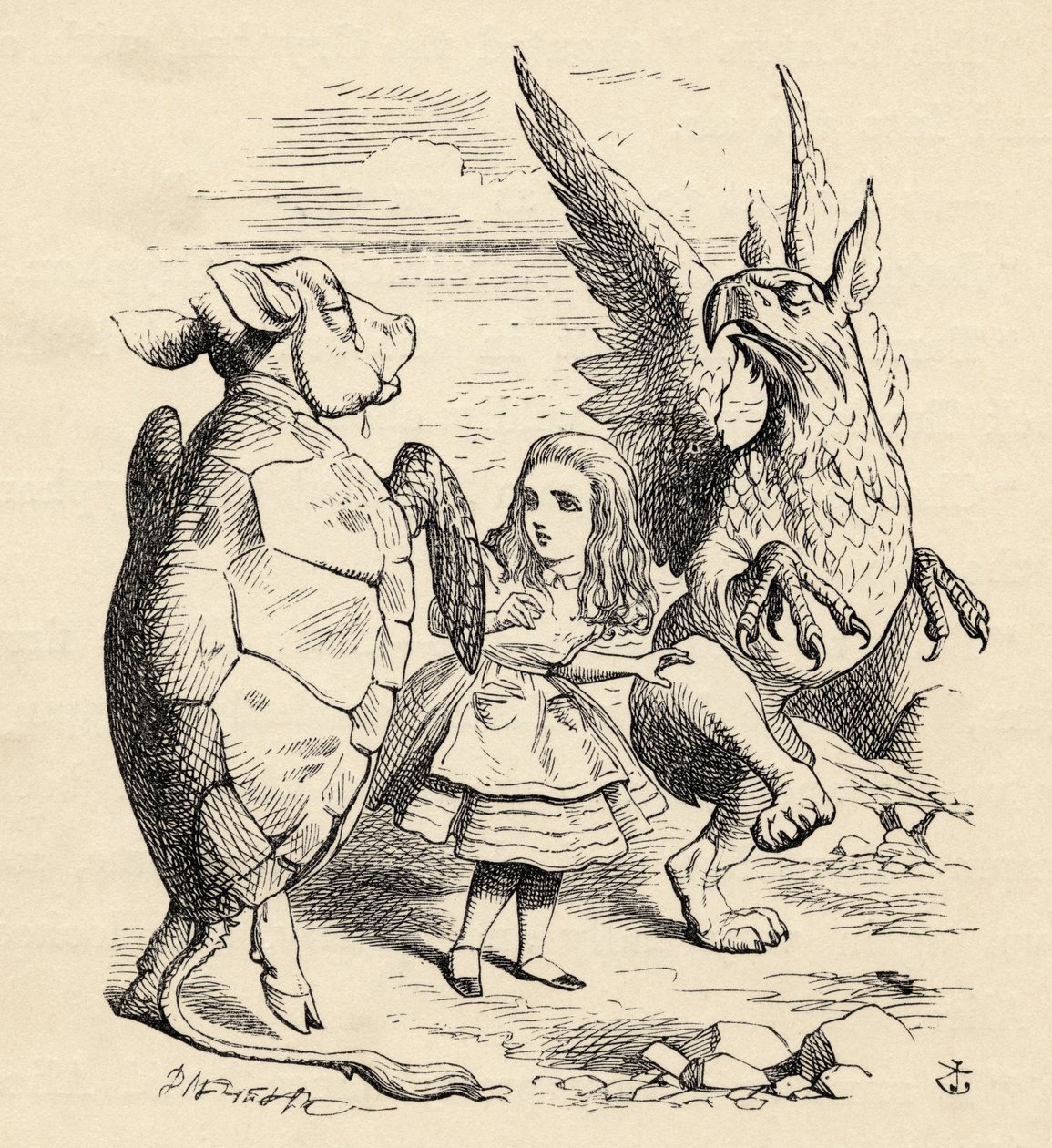 Liisa gryphonin ja pilkkakilpikonnan kanssa, Lewis Carrollin "Liisan seikkailuista ihmemaassa", julkaistu 1891 tekijältä John Tenniel