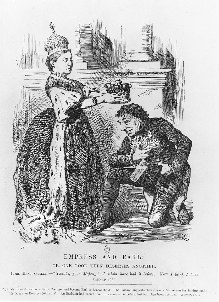 Kuningatar Victoria antoi Disraelille peeragen vuonna 1876 tekijältä John Tenniel