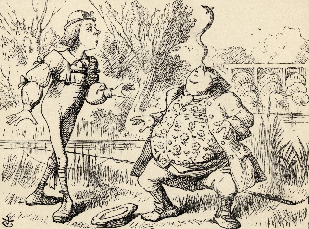 Isä William tasapainottelemassa ankeriaan nenällään, Lewis Carrollin teoksesta "Liisan seikkailut ihmemaassa", julkaistu 1891 tekijältä John Tenniel