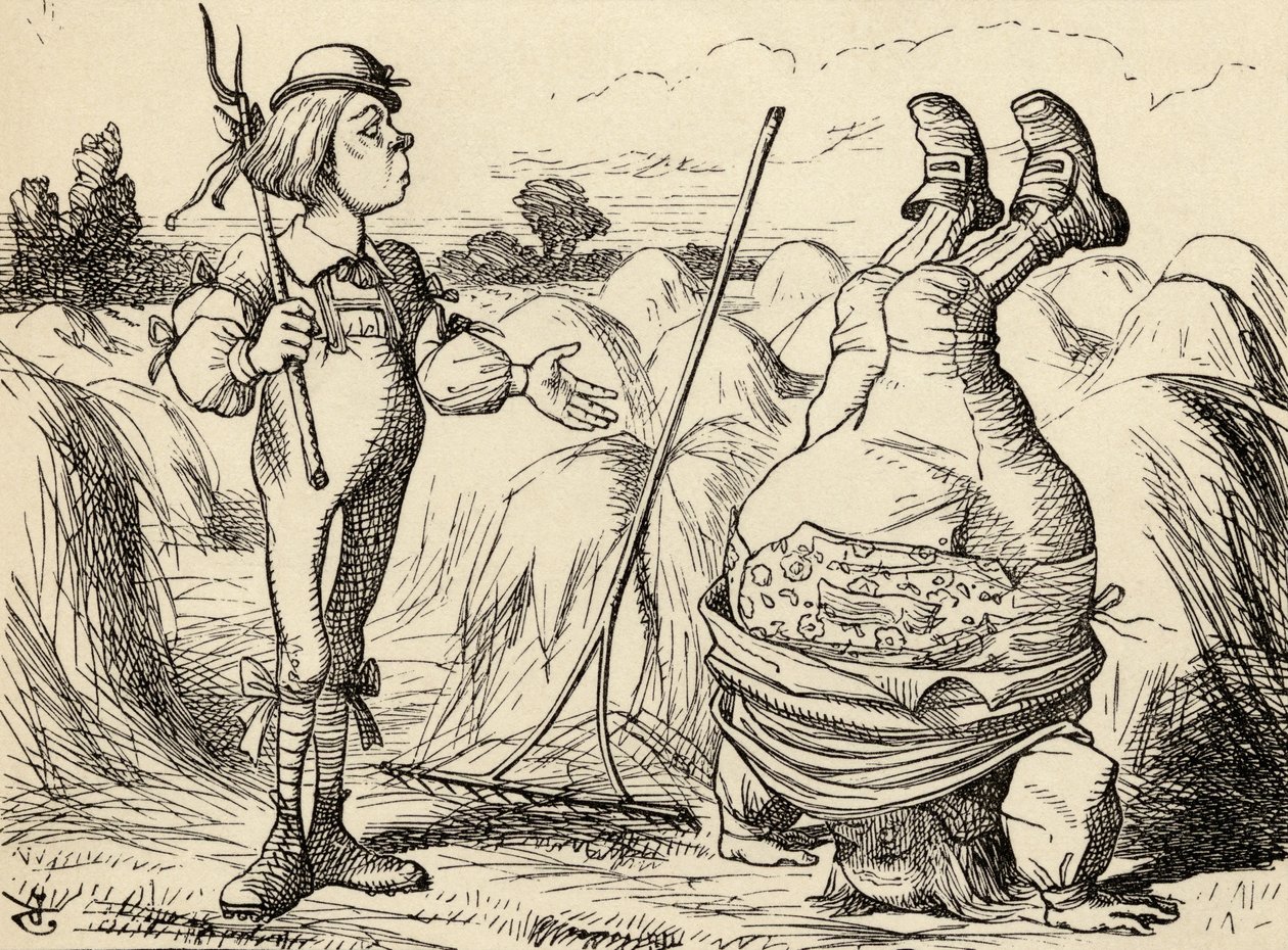 Isä William seisomassa päällään, Lewis Carrollin teoksesta "Liisan seikkailut ihmemaassa", julkaistu 1891 tekijältä John Tenniel
