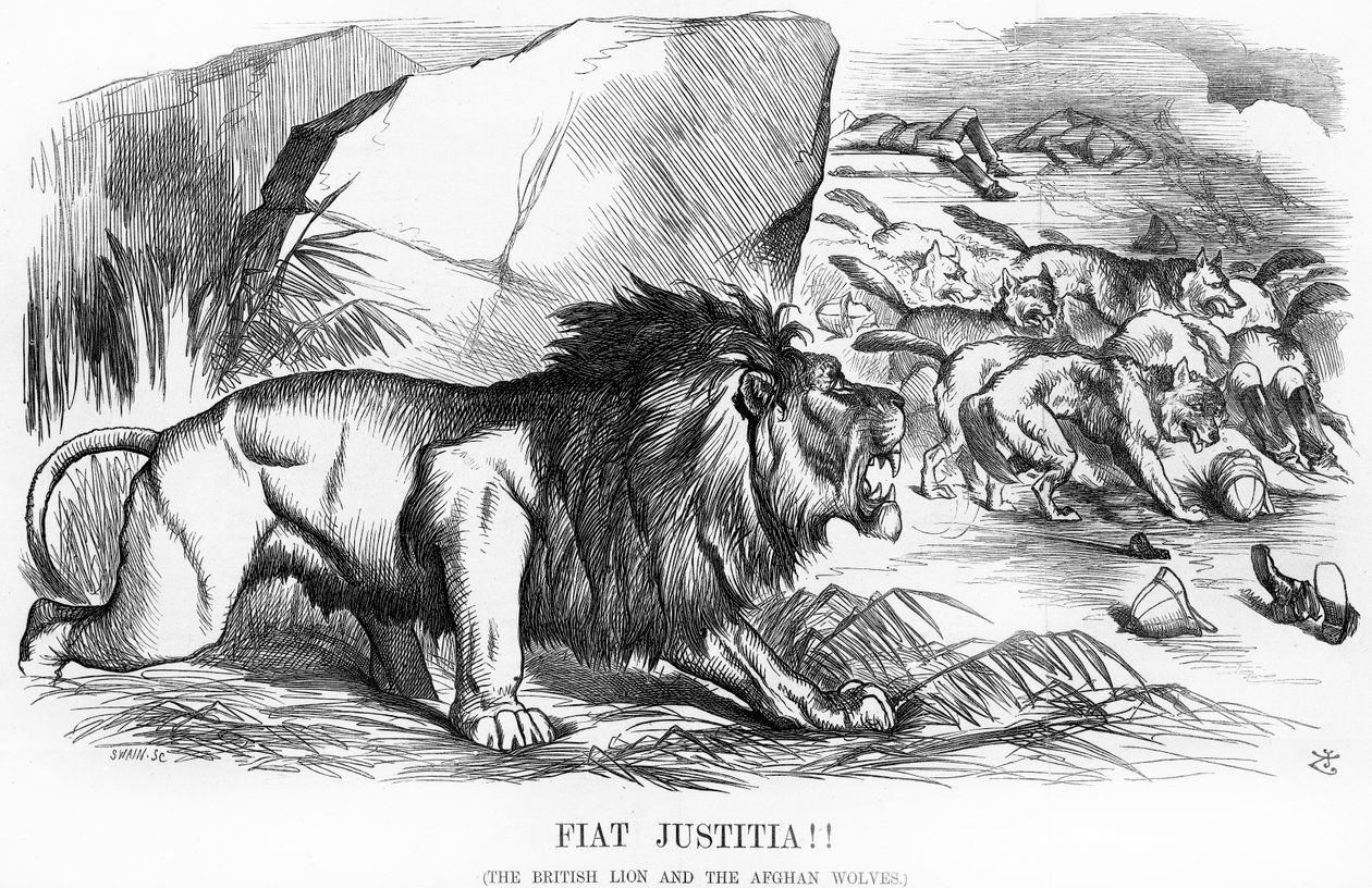 Fiat Justitia! Brittiläinen leijona ja Afganistanin sudet, sarjakuva Punch-lehdestä, 20. syyskuuta 1879 tekijältä John Tenniel