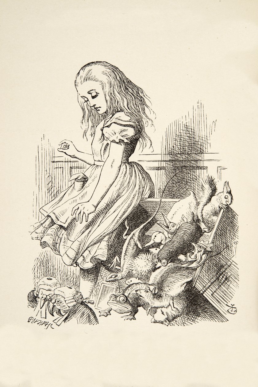 Jättiläinen Liisa järkyttää Jury Boxin, Lewis Carrollin (1832-98) Alices Adventures in Wonderlandista, julkaistu 1891 tekijältä John Tenniel