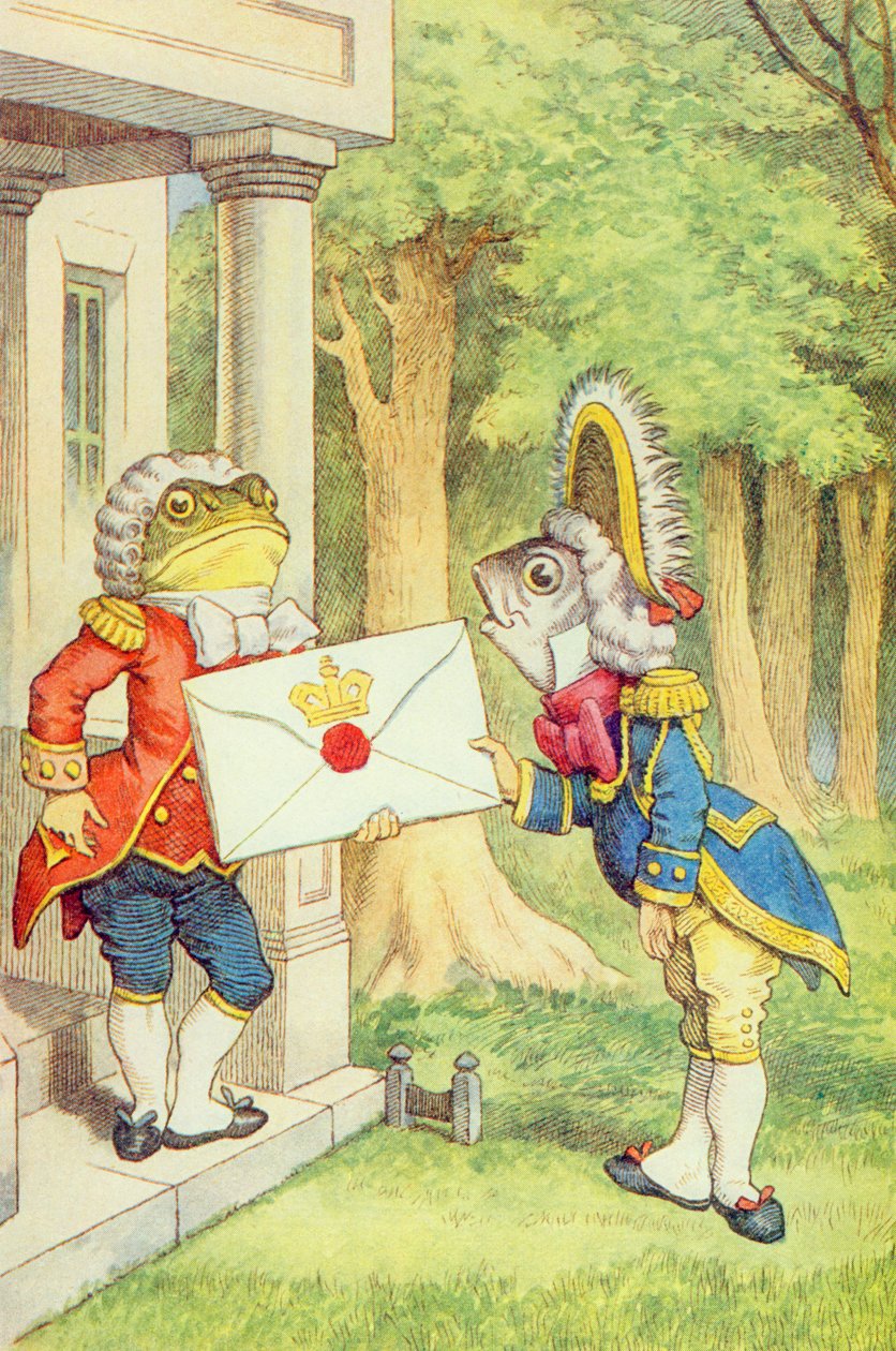 Kala-jalkamies kutsumassa herttuattarelle, kuvitus Lewis Carrollin (1832-9) "Liisa ihmemaassa" -teoksesta tekijältä John Tenniel