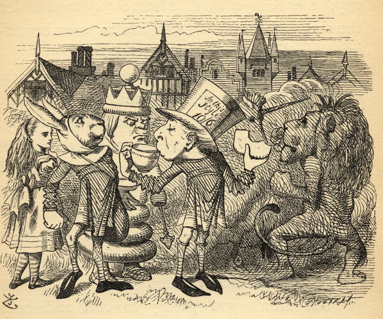Hullu hattutäti, jänis, kuningas ja Liisa, kuvitus Lewis Carrollin (1832-98) teoksesta "Katseiden läpi", ensijulkaisu 1871. tekijältä John Tenniel