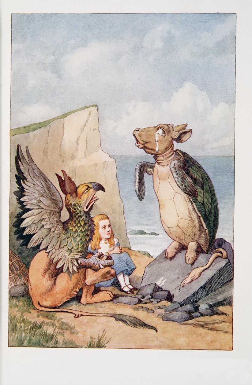 Pilkikilpikonna ja gryphon, Lewis Carrollin (1832 - 98) teoksesta Liisen seikkailut ihmemaassa ja katselasin läpi ja mitä Alice löysi sieltä, julkaistu 1911 (värillinen litografia) tekijältä John Tenniel