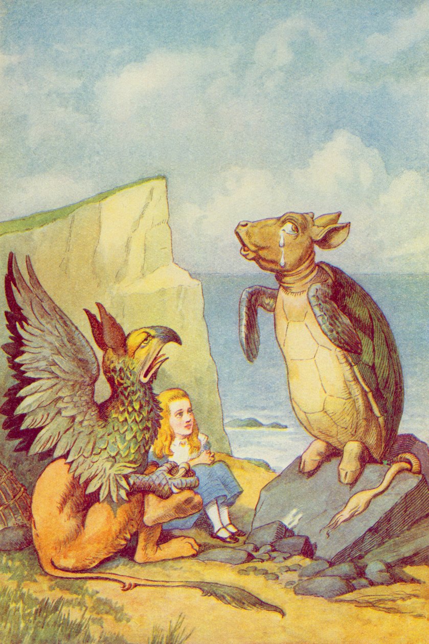Pilkikilpikonna ja gryphon, kuvitus Lewis Carrollin (1832-9) "Liisa ihmemaassa" -teoksesta tekijältä John Tenniel