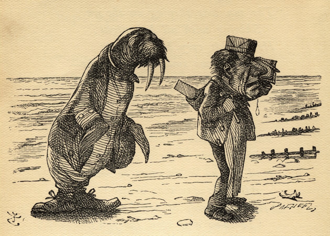 Mursu ja puuseppä, kuvitus Lewis Carrollin (1832-98) teoksesta "Through the Looking Glass", ensijulkaisu 1871. tekijältä John Tenniel