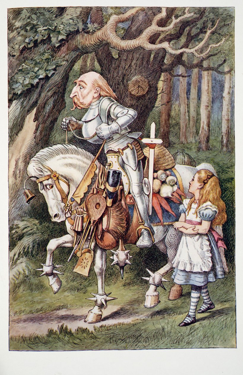 Lewis Carrollin (1832 - 98) The White Knight, Alices Adventures in Wonderland and Through the Look-Glass and Through the Looking Glass (1832-98), julkaistu 1911 (värillinen litografia) tekijältä John Tenniel