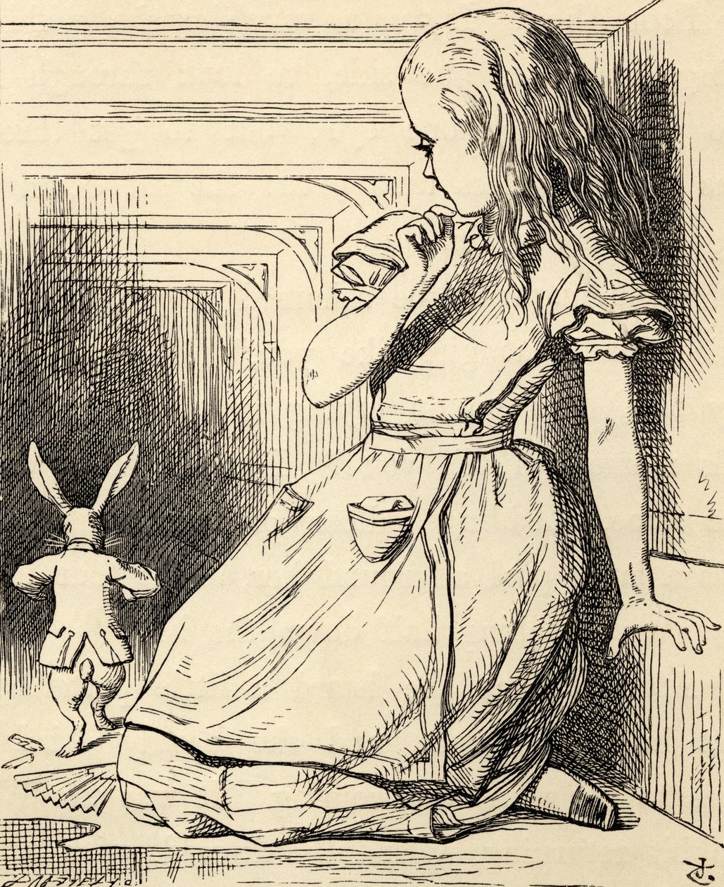 The White Rabbit on myöhässä, Lewis Carrollin teoksesta "Liisan seikkailut ihmemaassa", julkaistu 1891 tekijältä John Tenniel