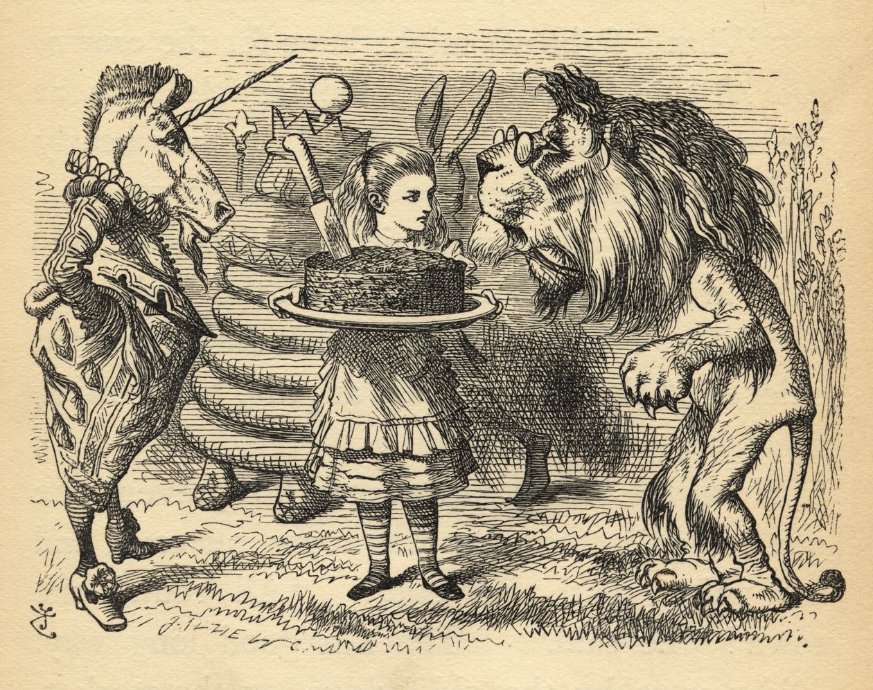 Kakun jakaminen leijonan ja yksisarvisen välillä, kuvitus Lewis Carrollin (1832-98) teoksesta Through the Looking Glass, joka julkaistiin ensimmäisen kerran 1871 tekijältä John Tenniel