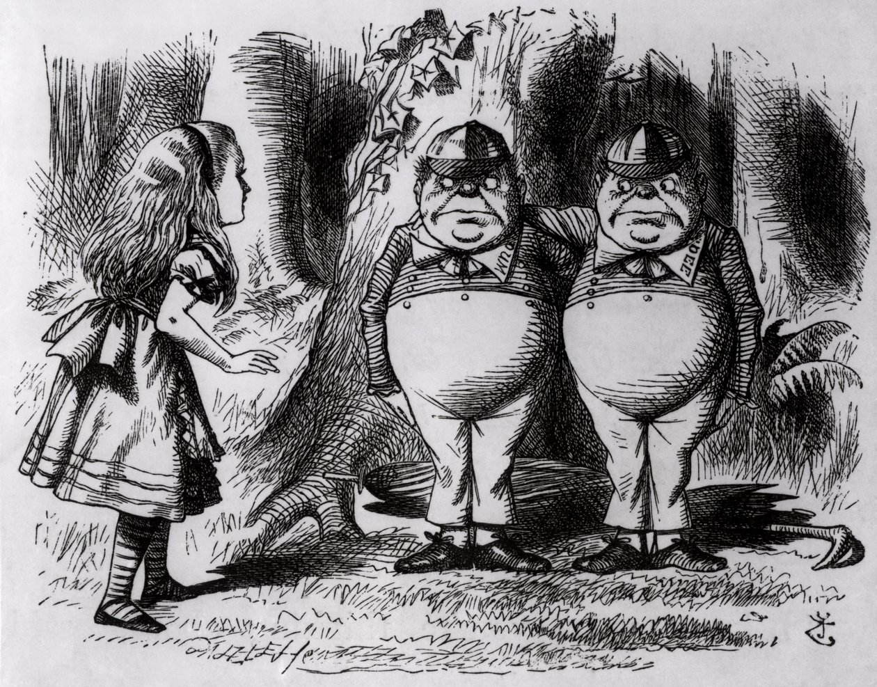 Tweedledum ja Tweedledee, kuvitus teoksesta Through the Looking Glass, Lewis Carroll, 1872 tekijältä John Tenniel