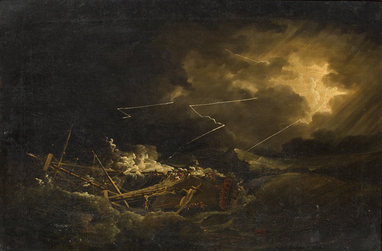 H.M.S.: n hylky Deal Castle Puerto Ricon rannalla suuren hurrikaanin aikana 1780 tekijältä John Thomas Serres