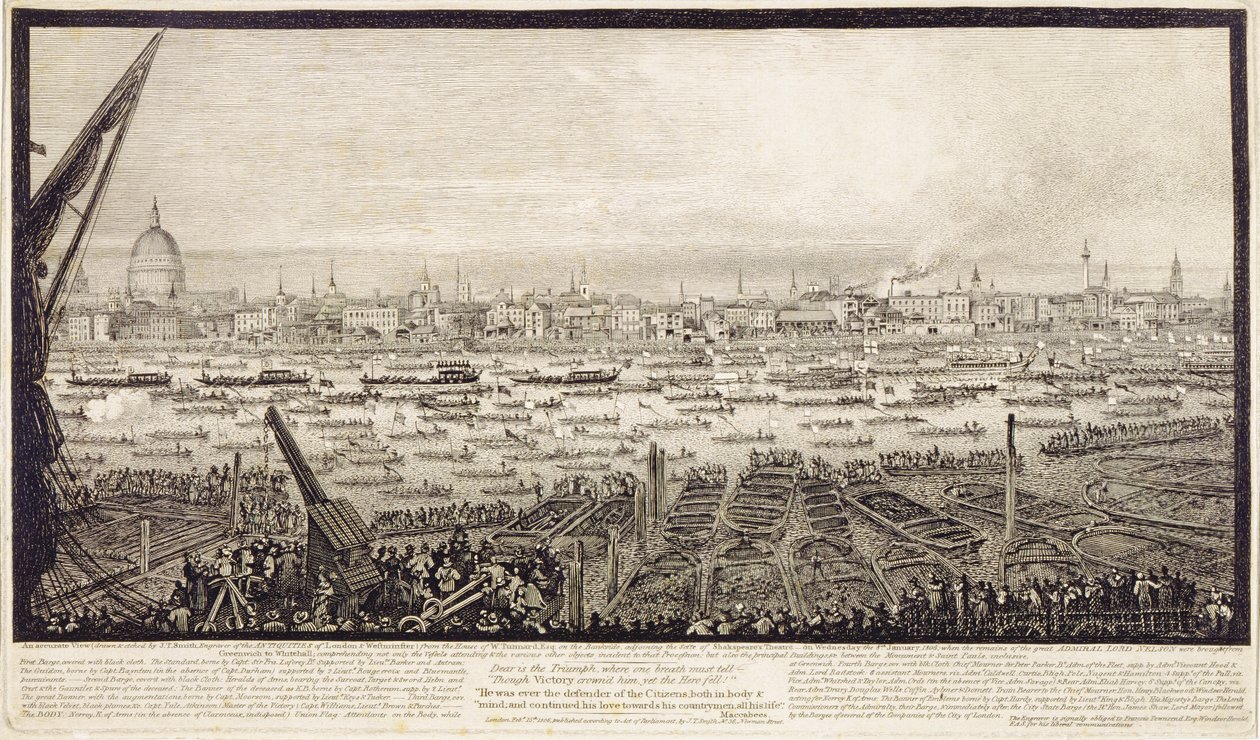 Lordi Nelsonin jäänteet kuljetettiin Thamesista Greenwichistä Whitehalliin 8. tammikuuta 1806 tekijältä John Thomas Smith