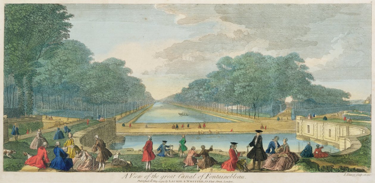 Näkymä Fontainebleaun suuresta kanavasta, julkaistu 1794 (värikaiverrus). tekijältä John Tinney