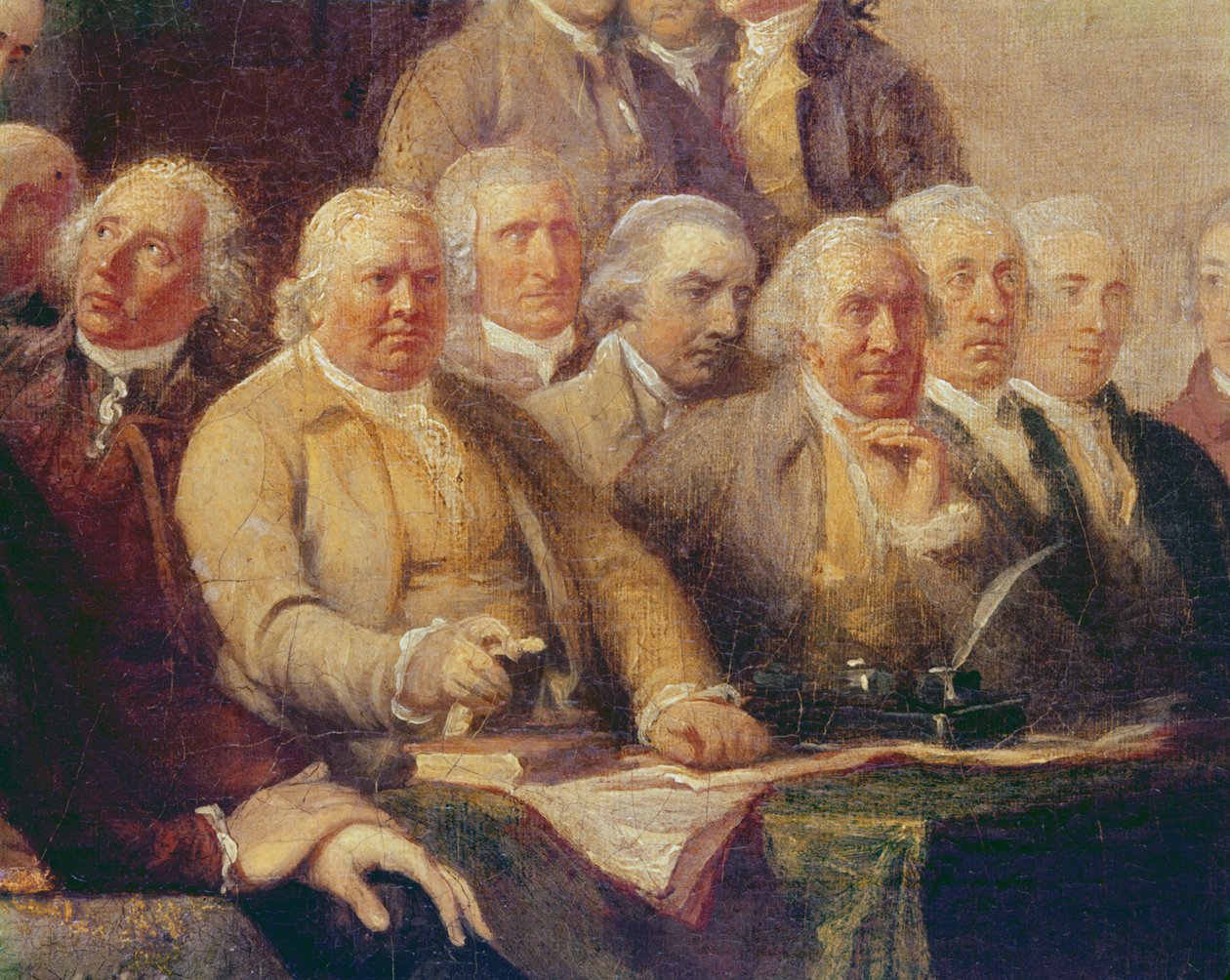 Itsenäisyysjulistuksen laatiminen, 28. kesäkuuta 1776, n. 1817 (yksityiskohta 702745) tekijältä John Trumbull