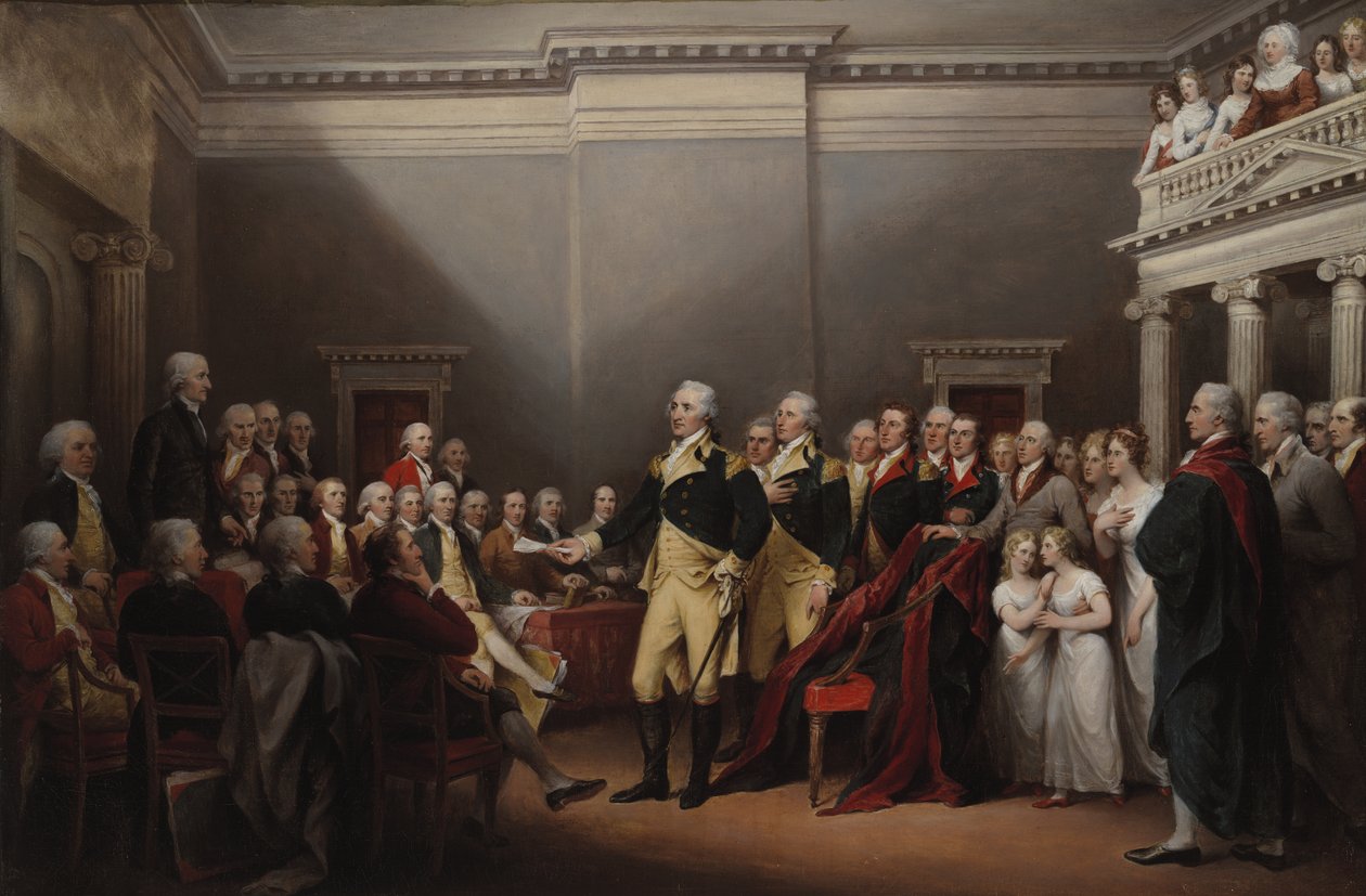 George Washingtonin eroaminen 23. joulukuuta 1783, noin 1822 tekijältä John Trumbull