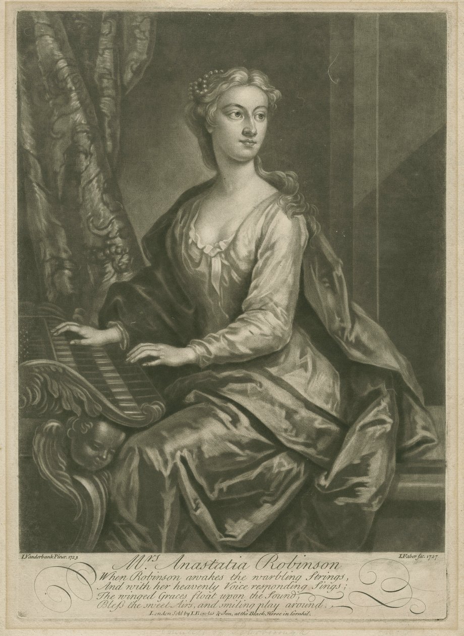 Rouva Anastasia Robinson, kaiverrus John Faber nuoremmasta (n. 1695-1756), 1727 (mezzotint) tekijältä John Vanderbank