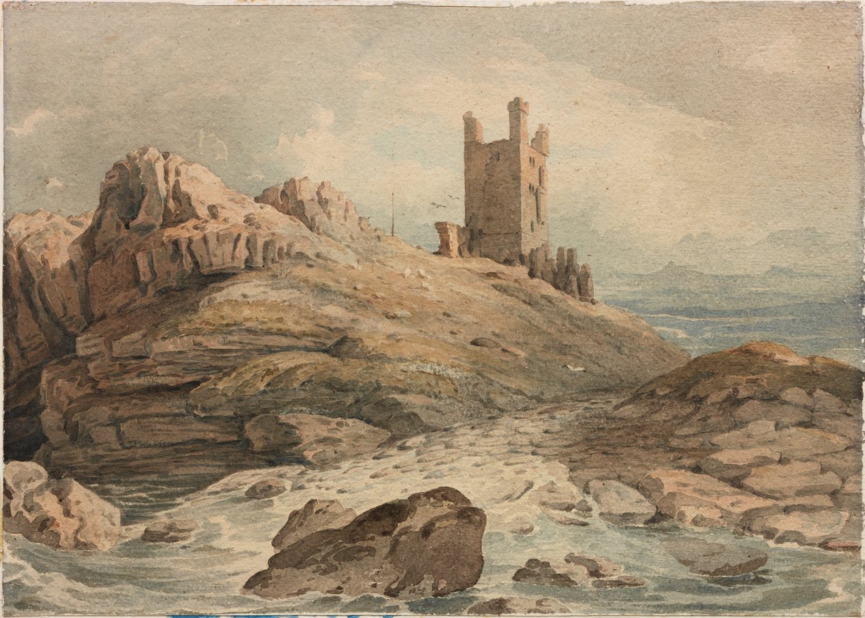 Dunstanburghin linna (kynä ja akvarelli paperille (aluksella)) tekijältä John Varley