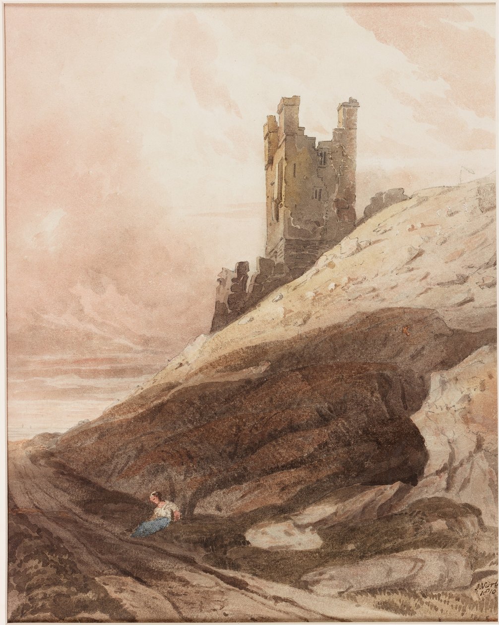 Lilburn Tower, Dunstanburghin linna (kynä ja akvarelli paperille (liimattu levylle)) tekijältä John Varley