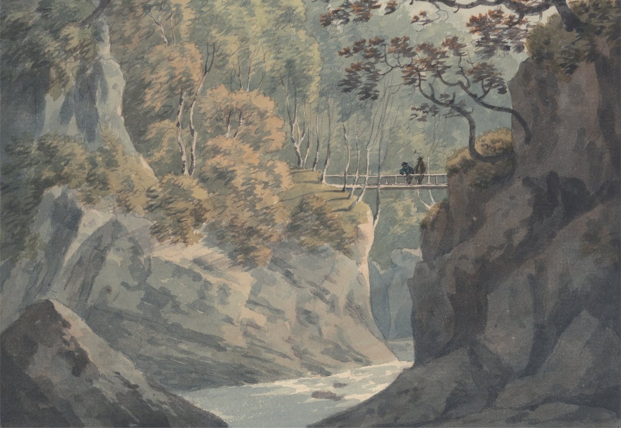 Alppisilta ja metsämaisemat lähellä Pistil y Mawia tekijältä John Warwick Smith