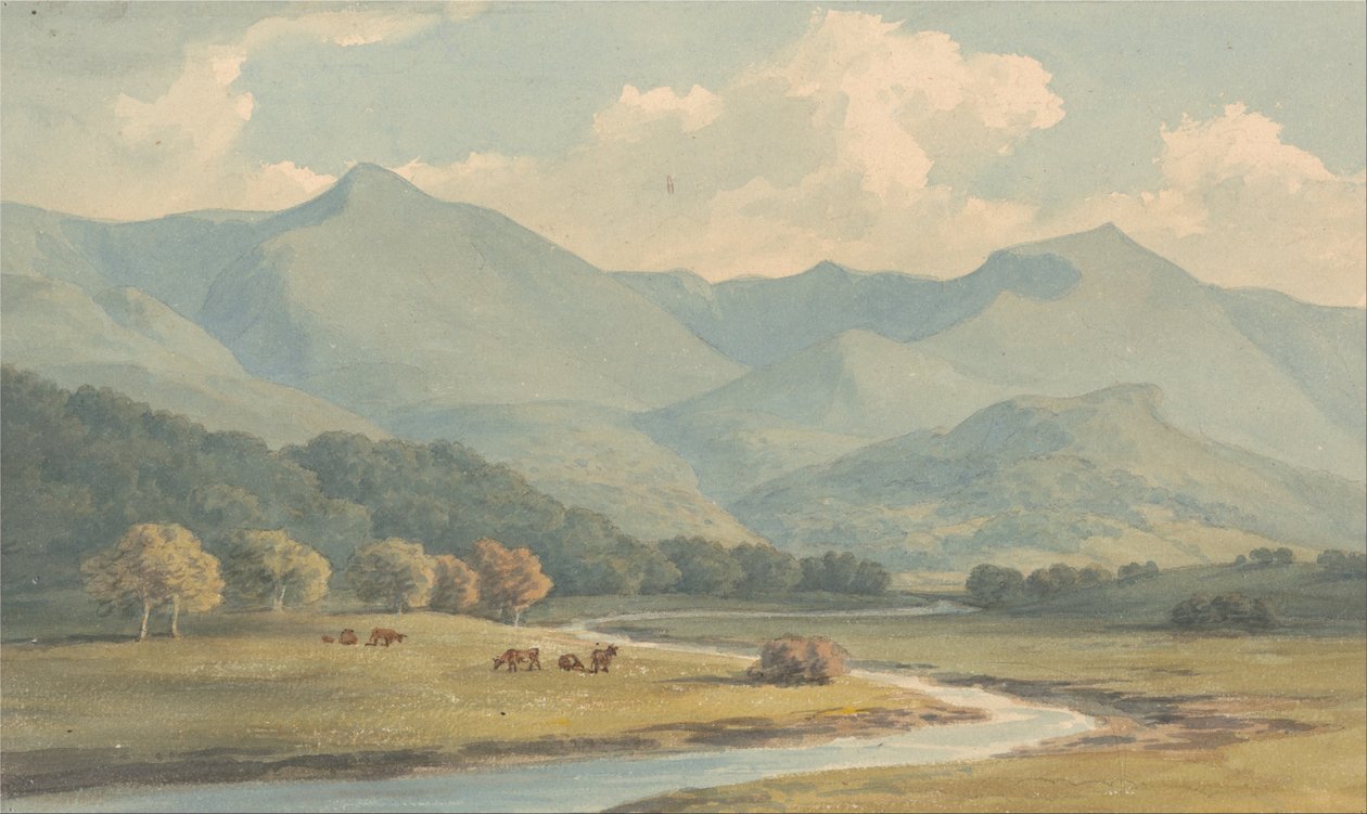 Carnen Llewelyn ja Carnedd David, Carnarvonshire, nähty Ogwen -joen toisella puolella tekijältä John Warwick Smith