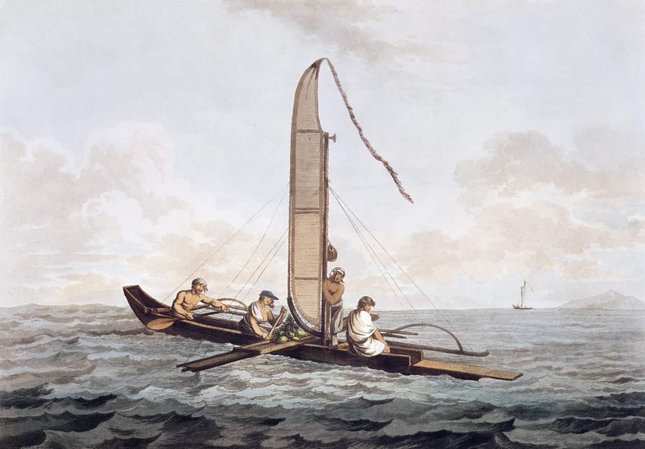 Otaheiten purjekanootti, pubista Näkymät etelämerellä. 1792 tekijältä John Webber