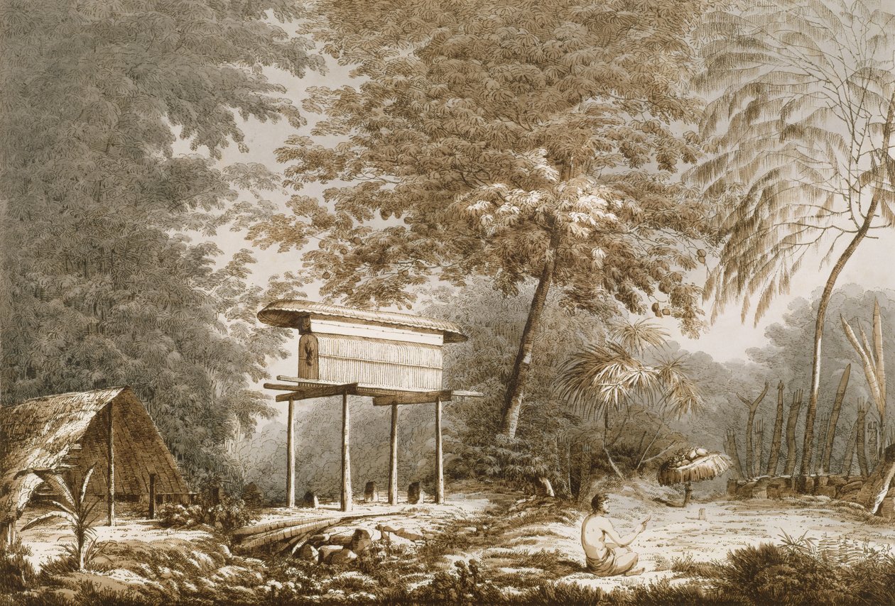 Toopapaoo päällikköstä papin kanssa uhraamassa Moraille Huoheinen, "Näkymät etelämerellä", pub. 1789 tekijältä John Webber
