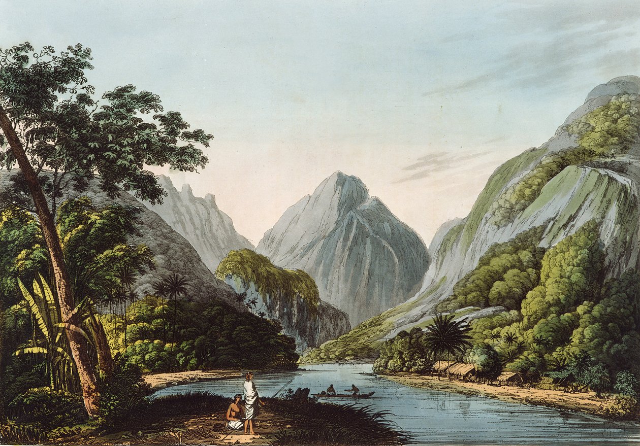 Näkymä Oheitepha Bayssa Otaheiten saarella, Kapteeni Cookin viimeisestä matkasta, 1809 tekijältä John Webber
