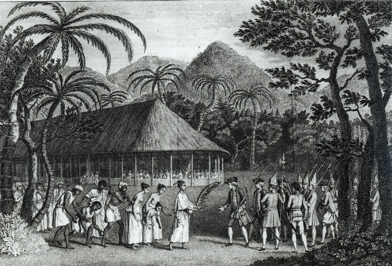 Kapteeni Samuel Wallis (1728-1830), kun kuningatar Oberea ottaa hänet vastaan Tahitin saarella, James Cookin (1728-79) "A Voyage to the Pacific Ocean" -teoksesta, jonka on kaiverruttanut John Hall (1739-97) (bw). tekijältä John Webber