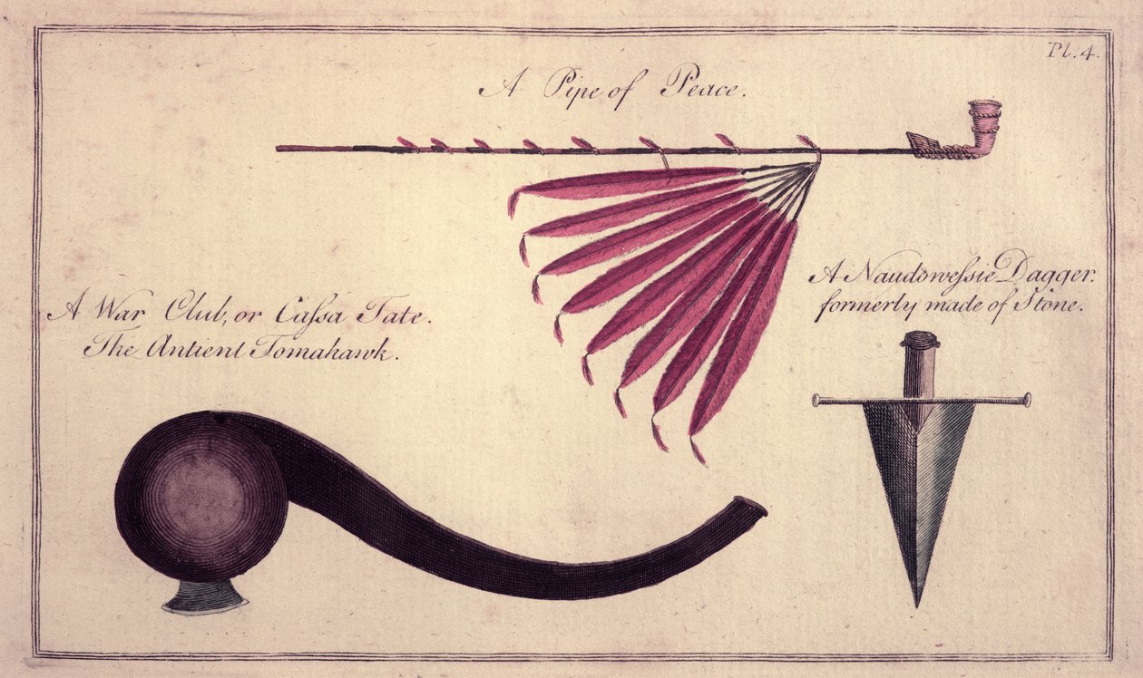 Muinainen tomahawk, rauhanpiippu ja tikari, n. 1590 tekijältä John White