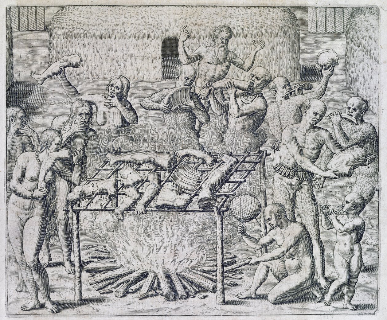 Cannibal Feast, kaiverrus Theodor de Bry (1528-98) tekijältä John White