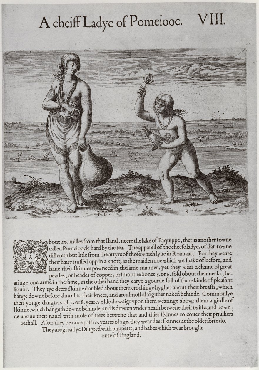 Intialainen nainen ja nuori tyttö, kaiverrus Theodor de Bry (1528-1598) tekijältä John White