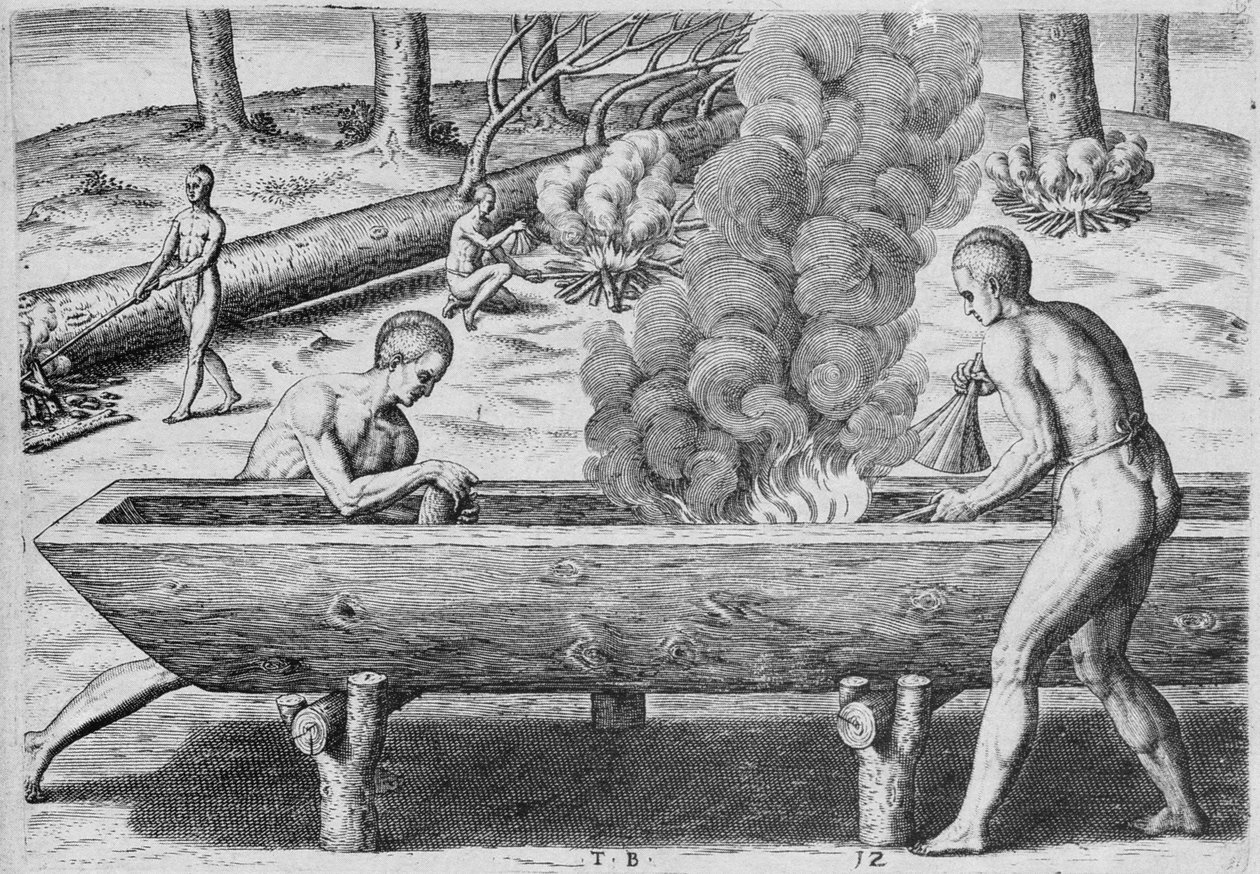 Intiaanit, jotka tekevät kanootteja, "Admiranda Narratiosta", kaiverrus Theodor de Bry (1528-1598) 1590 tekijältä John White