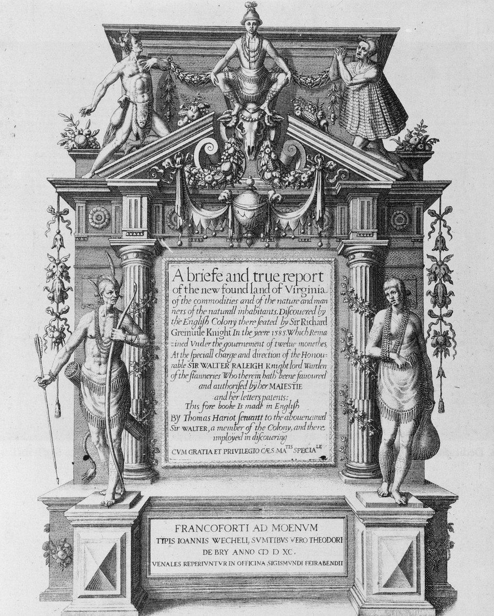 Theodor de Bryn (1528-1598) kaivertama "Lyhyen ja totuudenmukaisen kertomuksen Virginian uudesta maasta" pääotsikkosivu tekijältä John White