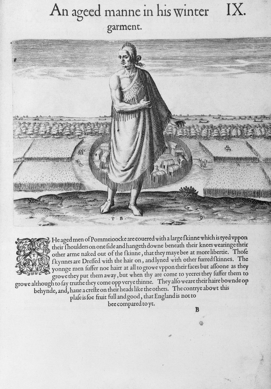 Vanha intiaanimies talvivaatteissaan Thomas Harriotin (1560-1621) teoksesta "Lyhyt ja tosi raportti Virginian uudesta maasta", kaivertanut Theodore de Bry (1528-1598) pub. vuonna 1590 tekijältä John White