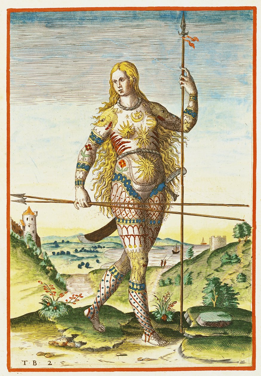 Piktiläinen nainen, teoksesta "Admiranda Narratio...", kaiverrettu Theodore de Bry (1528-98) 1585-88. tekijältä John White