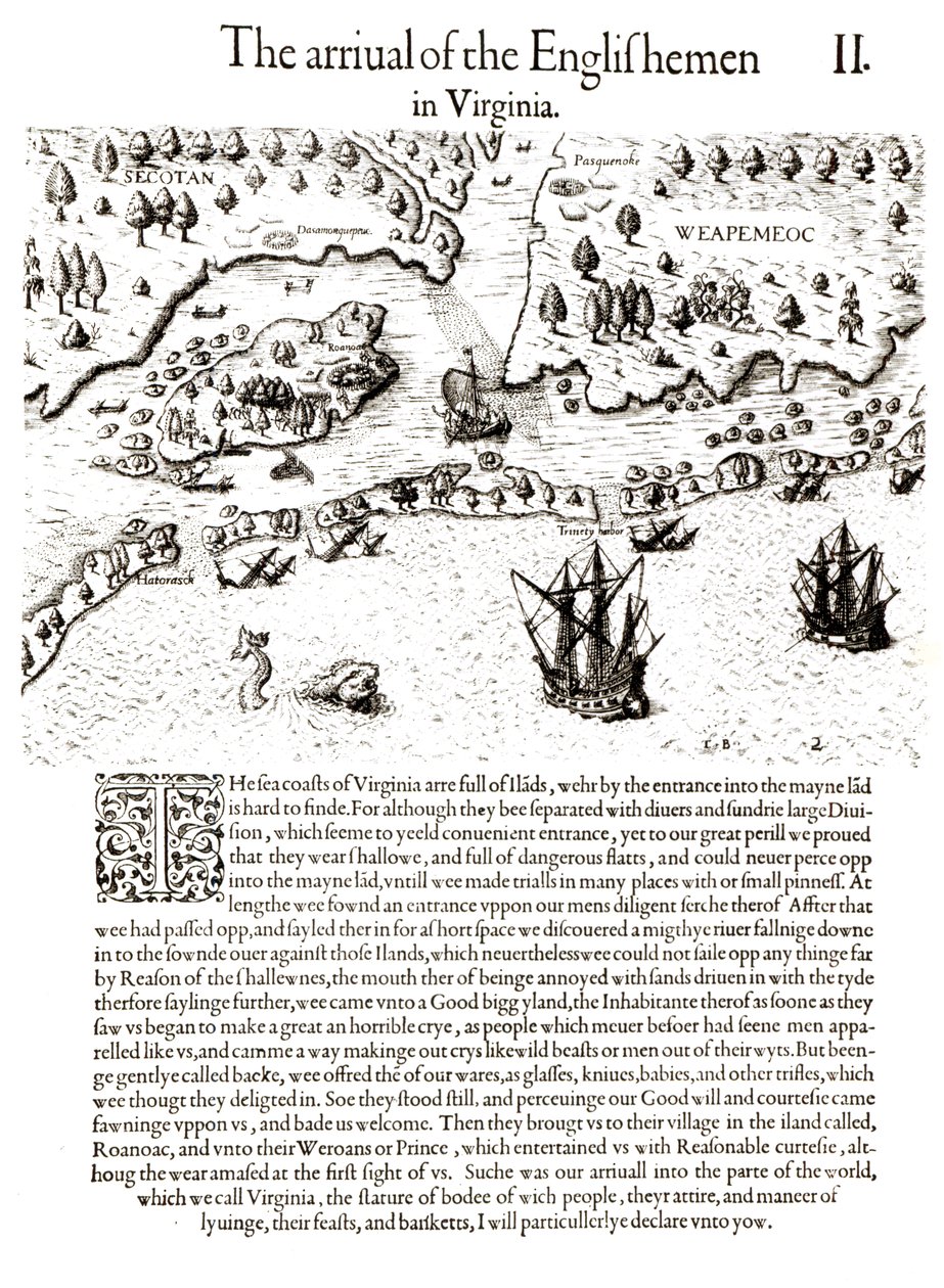 Englantilaisten saapuminen Virginiaan, levy Thomas Harriotin (1560-1621) "A Brief and True Report of the New Found Land of Virginia" -levystä, kaivertanut Theodore de Bry, pubi. 1590 (bundw tekijältä John White