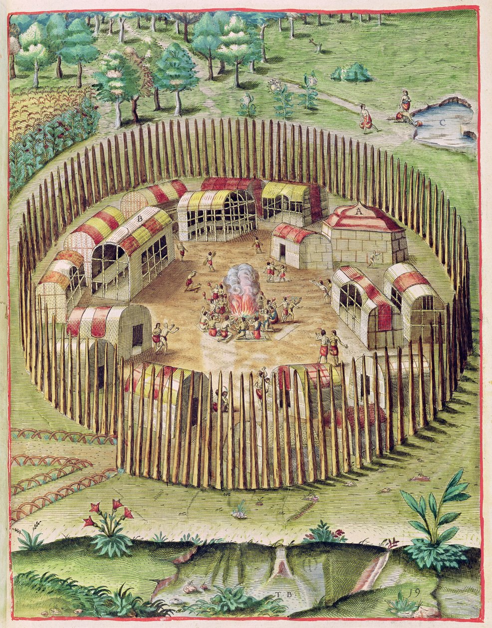 Pomeioocin linnoitettu kaupunki, "Admiranda Narratio...", kaivertanut Theodore de Bry (1528-98) 1585-88 tekijältä John White