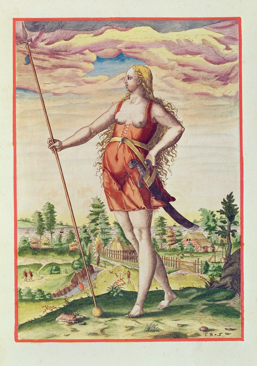 Nuori nainen piktien naapuriheimosta, "Admiranda Narratiosta...", kaiverrus Theodore de Bry (1528-98) 1585-88 tekijältä John White