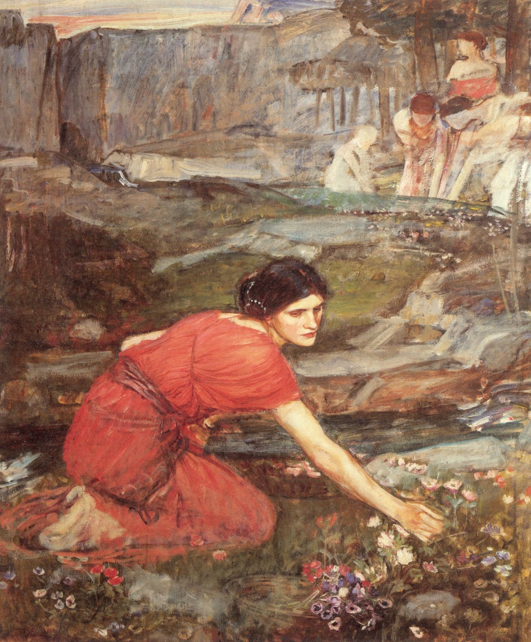Neitoja poimimassa kukkia puron varrella tekijältä John William Waterhouse